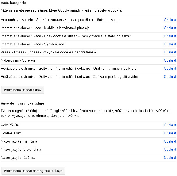 Výběr kategorií reklam Google